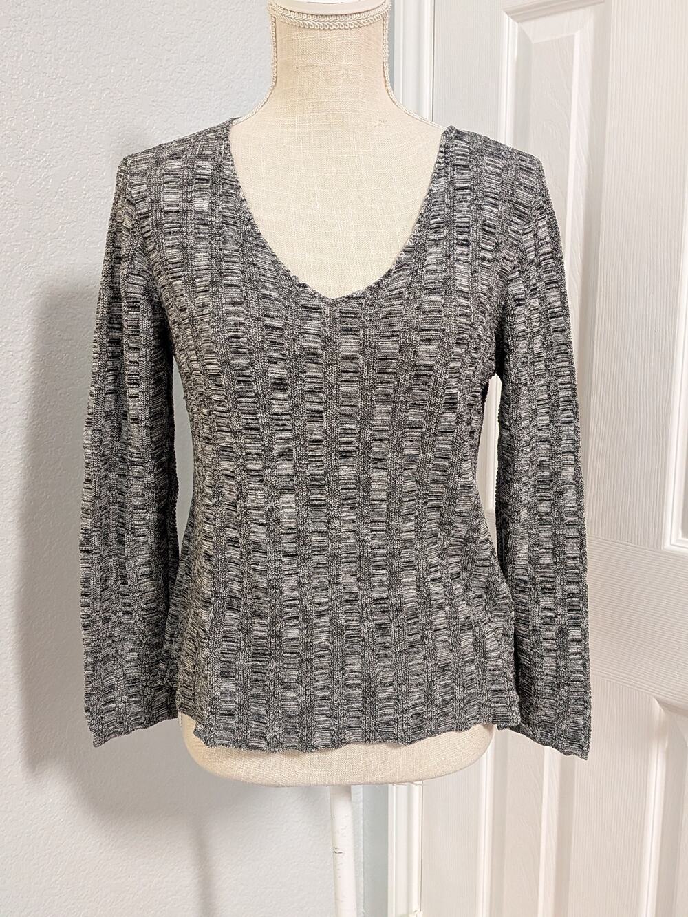 Eileen Fisher Silk Organic Linen Open Ladder Knit Sweater Women's M Gray White